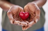 Close up of black woman hands holding a small red heart. Small heart in the hands of a african woman. Solidarity, charity and responsibility concept.